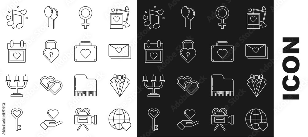 Set line The heart world love, Suit, Envelope with Valentine, Female gender symbol, Castle the shape of, Calendar, Music note, tone hearts and Suitcase for travel icon. Vector Set line The heart world love, Suit, Envelope with Valentine, Female gender symbol, Castle the shape of, Calendar, Music note, tone hearts and Suitcase for travel icon. Vector
