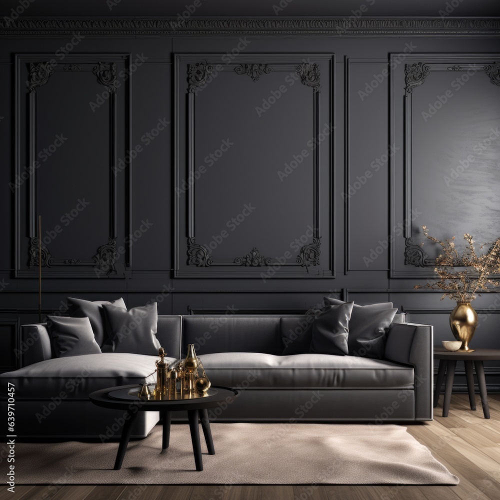 Gray corner sofa in room with black paneling walls. Neoclassical ...