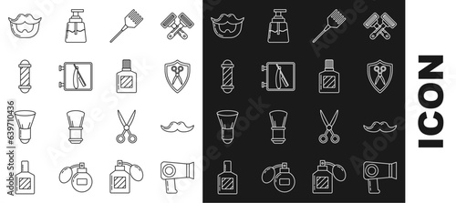 Set line Hair dryer, Mustache, Scissors hairdresser and shield, Hairbrush, Barbershop with razor, Classic pole, beard and Aftershave icon. Vector