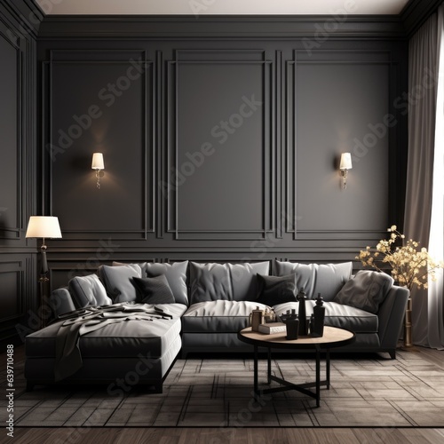 Gray corner sofa in room with black paneling walls. Neoclassical interior design of modern living room