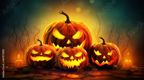 Halloween pumpkins with burning candles on dark background, 3d illustration. Ai generative.