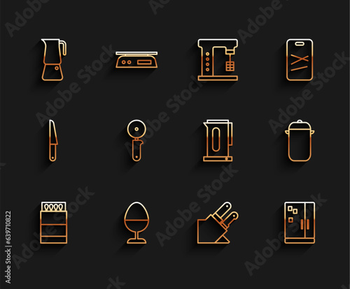 Set line Open matchbox and matches, Chicken egg on stand, Moka pot, Knife, Refrigerator, Pizza knife, Cooking and Kettle with handle icon. Vector