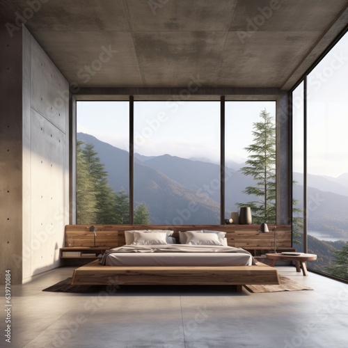 High panoramic window and concrete floor. Interior design of modern bedroom with wooden bed © Interior Design