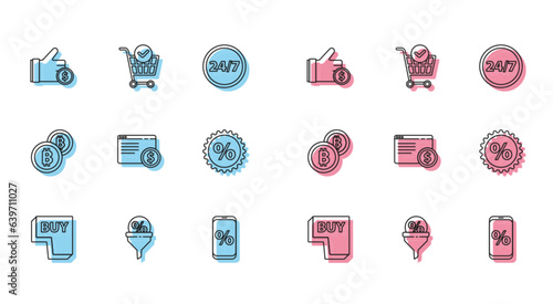 Set line Buy button, Lead management, Hand holding coin, Percent discount mobile, Online shopping screen, Discount percent tag, Cryptocurrency Bitcoin and Shopping cart with check mark icon. Vector