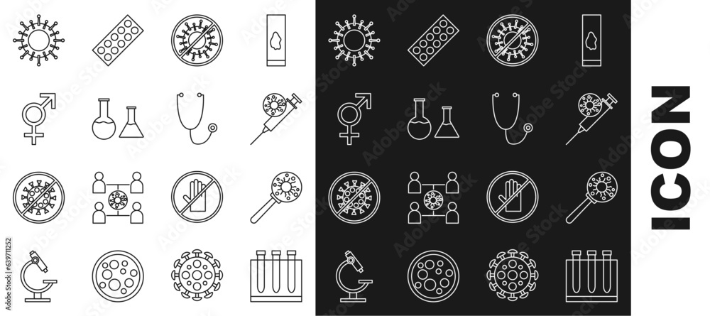 Set line Blood test and virus, Virus under magnifying glass, Syringe, Stop, Test tube flask, Gender, and Stethoscope icon. Vector