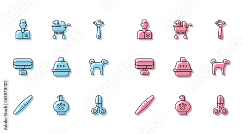 Set line Nail file pet, Pet shampoo, Veterinarian doctor, Scissors hairdresser, carry case, Dog, Collar with name tag and stroller icon. Vector