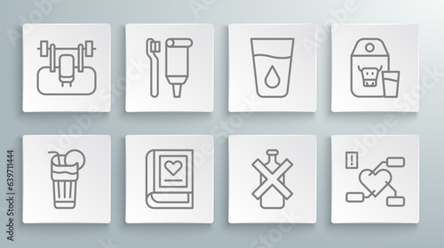 Set line Fresh smoothie, Toothbrush and toothpaste, Medical book, No alcohol, Attention health heart, Glass with water, Paper package for milk and Bench barbel icon. Vector