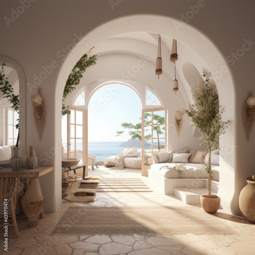 Interior design of Greek island style entrance hall with arched doorway