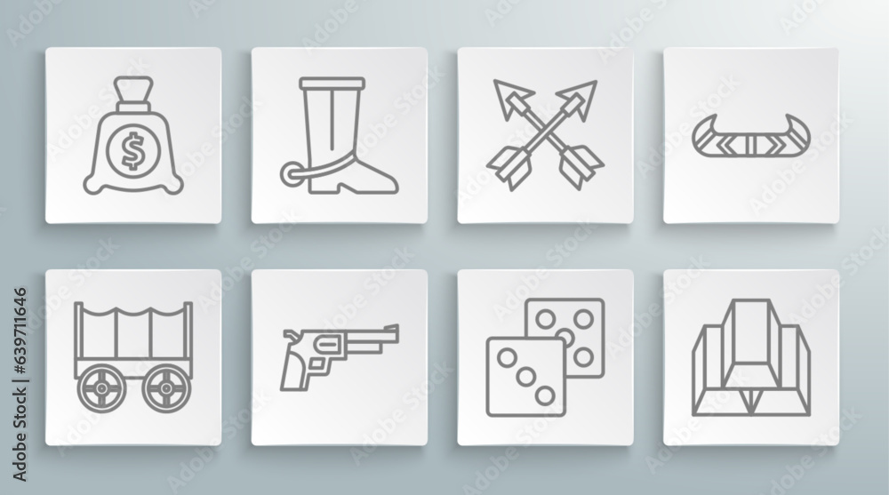 Set line Wild west covered wagon, Cowboy boot, Revolver gun, Game dice, Gold bars, Crossed arrows, Kayak or canoe and paddle and Money bag icon. Vector Set line Wild west covered wagon, Cowboy boot, Revolver gun, Game dice, Gold bars, Crossed arrows, Kayak or canoe and paddle and Money bag icon. Vector