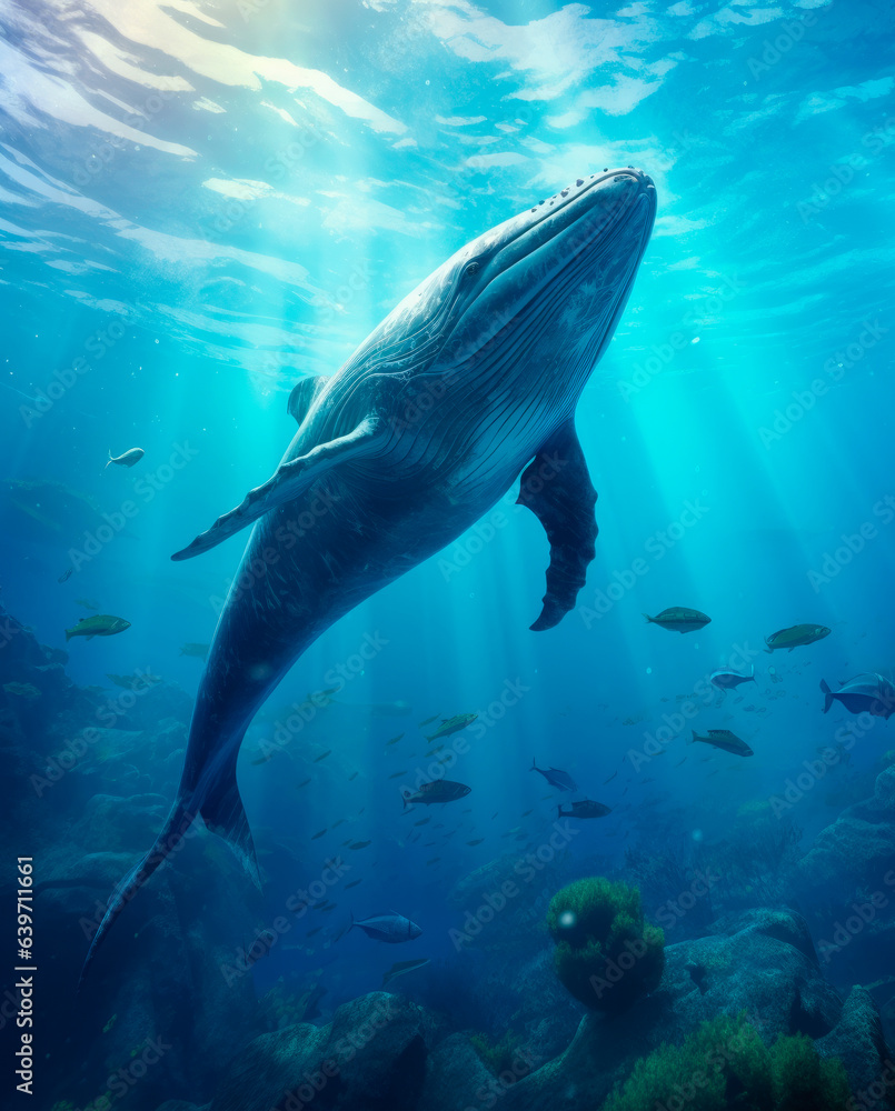 Fototapeta premium Submerged Serenity - Whale Underwater Imagery - Generative AI