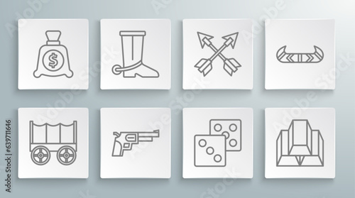 Set line Wild west covered wagon, Cowboy boot, Revolver gun, Game dice, Gold bars, Crossed arrows, Kayak or canoe and paddle and Money bag icon. Vector