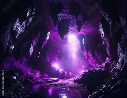 Mysterious underground cave with glowing crystals and river  dark underground landscape