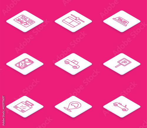 Set line Location with taxi, Cable car, Taxi roof, City map navigation, Car, Parking, Tram and railway and icon. Vector