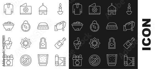 Set line Traditional carpet, Bottle of water, Hands in praying position, Muslim Mosque, Qibla, Date fruit bowl, Shirt kurta and hat for prayer icon. Vector