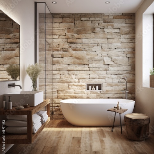 Interior design of modern bathroom with sandstone wall and rustic decor pieces