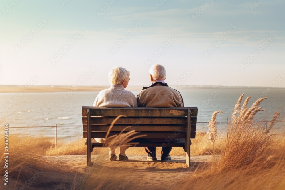 An old couple sitting on a bench overlooking a body of water