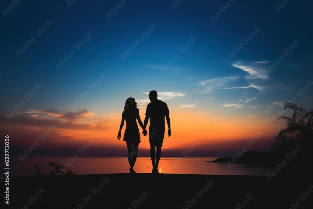 A man and woman holding hands and standing on a beach