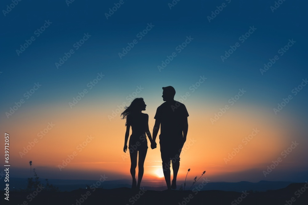 A silhouette of a man and woman holding hands
