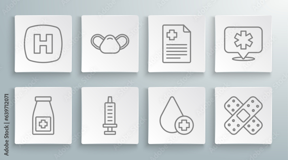 Set line Medicine bottle and pills, Medical protective mask, Syringe, Donate drop blood, Crossed bandage plaster, Patient record, Location hospital and Hospital signboard icon. Vector Set line Medicine bottle and pills, Medical protective mask, Syringe, Donate drop blood, Crossed bandage plaster, Patient record, Location hospital and Hospital signboard icon. Vector