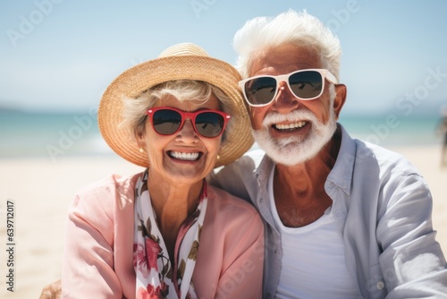 Elderly man and woman smiling at the camera on the beach © Jan