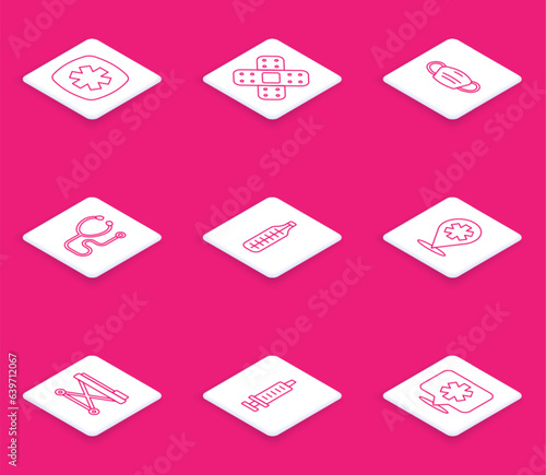 Set line Emergency - Star of Life, Crossed bandage plaster, Medical protective mask, Stethoscope, thermometer, Location hospital, Stretcher and Syringe icon. Vector