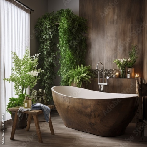  Interior design of modern bathroom, bath tub decorated with wood and greenery