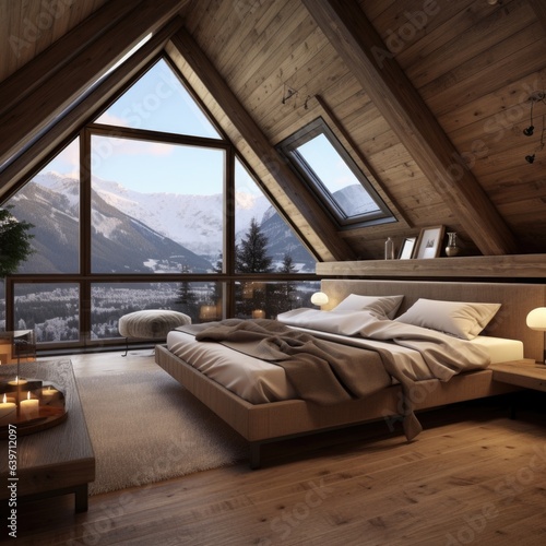  Interior design of modern bedroom in attic in chalet © Interior Design