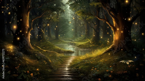 Enchanted forest with fireflies and a river created with Generative AI