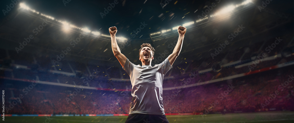  soccer players cheering in a large stadium - big horizontal poster panorama concept - obrazy, fototapety, plakaty 