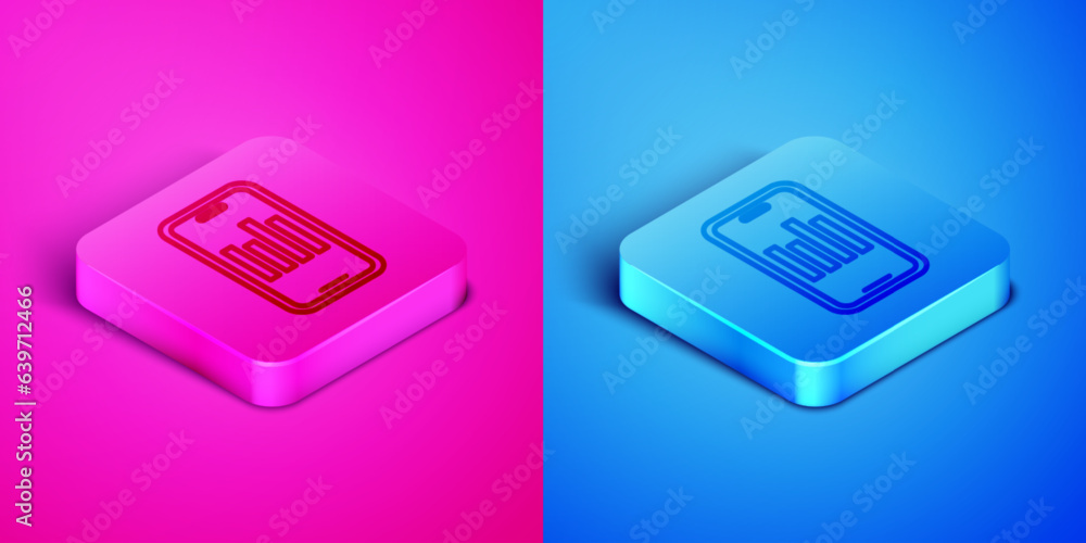 Isometric line Mobile phone with graph chart icon isolated on pink and blue background. Report text file. Accounting sign. Audit, analysis, planning. Square button. Vector Isometric line Mobile phone with graph chart icon isolated on pink and blue background. Report text file. Accounting sign. Audit, analysis, planning. Square button. Vector