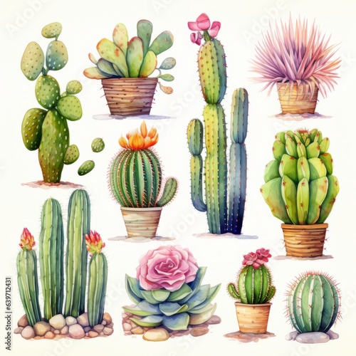 Watercolor cactuses. Generated AI.