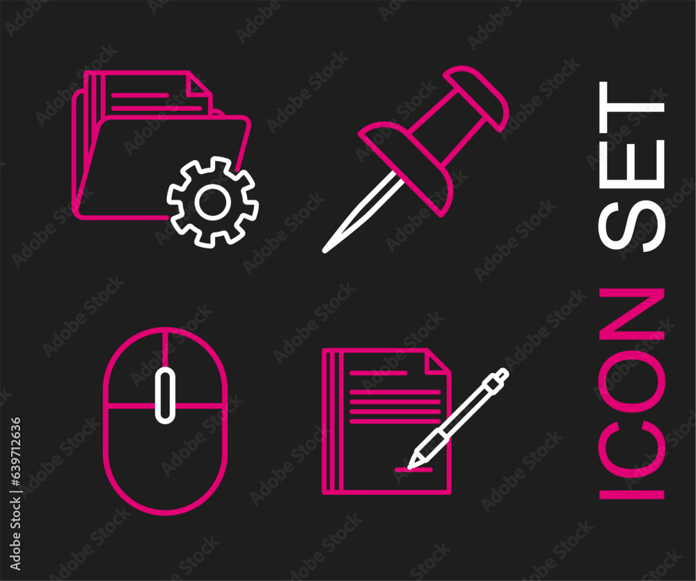 Set line Blank notebook and pen, Computer mouse, Push pin and Folder settings with gears icon. Vector Set line Blank notebook and pen, Computer mouse, Push pin and Folder settings with gears icon. Vector