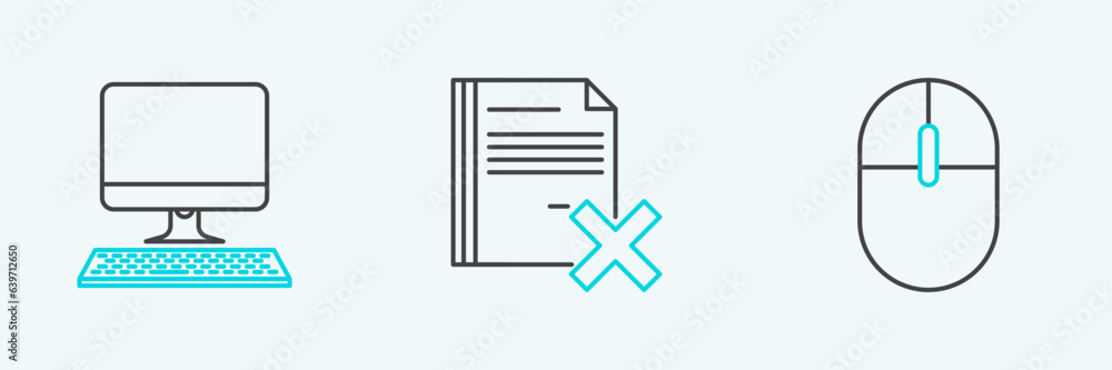 Set line Computer mouse, monitor with keyboard and Delete file document icon. Vector Set line Computer mouse, monitor with keyboard and Delete file document icon. Vector