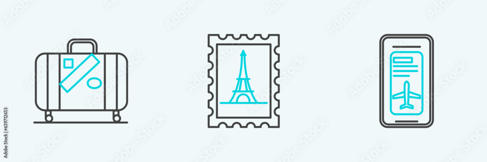 Set line Smartphone with electronic boarding pass airline ticket, Suitcase for travel and stickers and Postal stamp Eiffel tower icon. Vector Set line Smartphone with electronic boarding pass airline ticket, Suitcase for travel and stickers and Postal stamp Eiffel tower icon. Vector