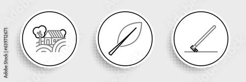Set line Garden rake in work, Farm House concept and Leaf icon. Vector