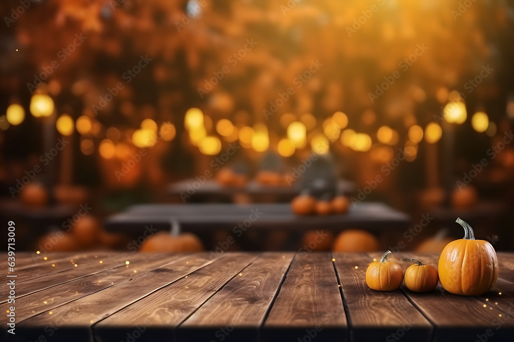 Wooden table with pumpkins, with Halloween background Wooden table with pumpkins, with Halloween background