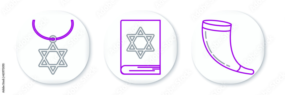 Set line Traditional ram horn, shofar, Star David necklace chain and Jewish torah book icon. Vector Set line Traditional ram horn, shofar, Star David necklace chain and Jewish torah book icon. Vector