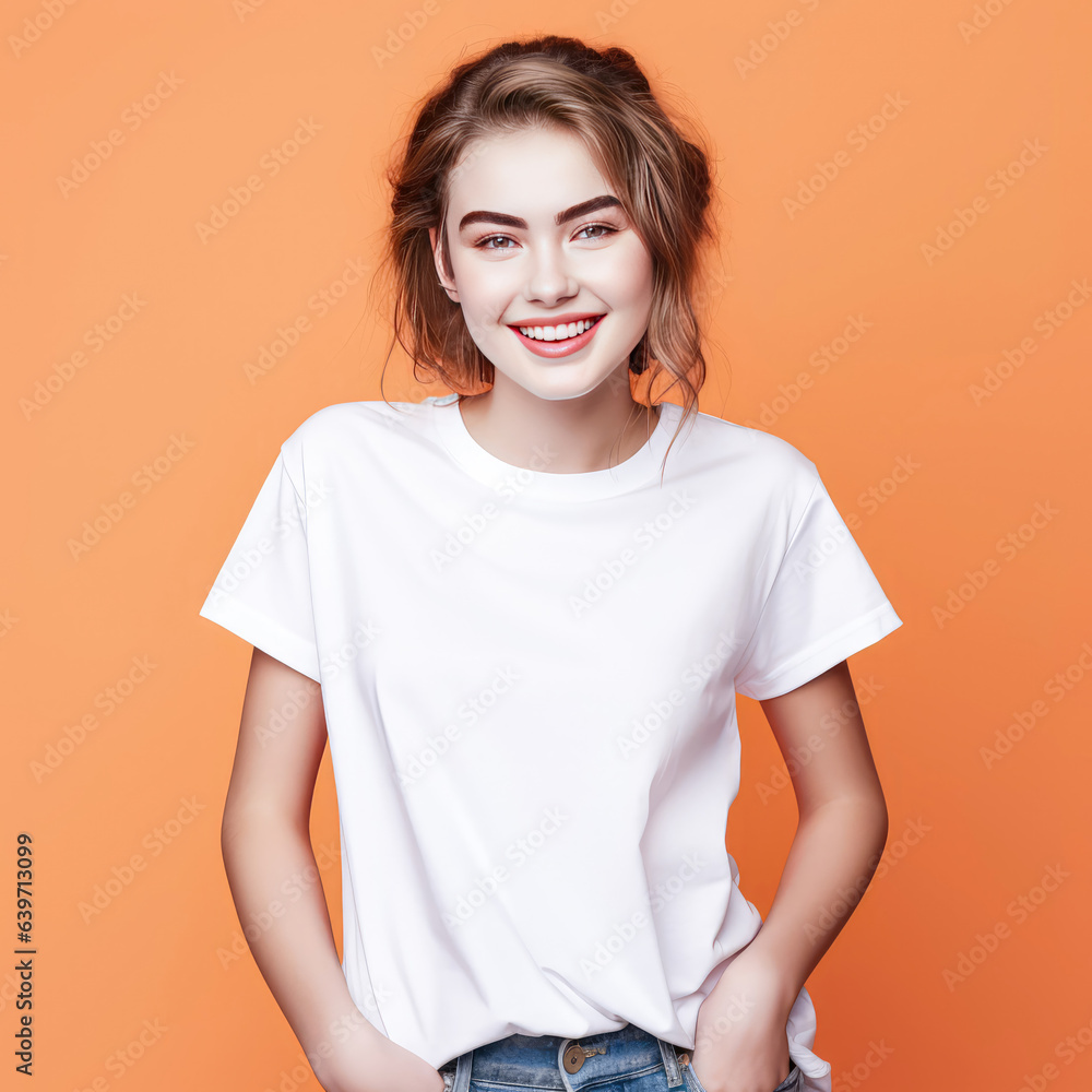A woman Smiling on the camera wearing white tshirt in yellow background, agirl tshirt mockup A woman Smiling on the camera wearing white tshirt in yellow background, agirl tshirt mockup