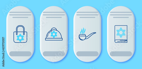 Set line Jewish kippah with star of david, Smoking pipe smoke, Shopping bag and torah book icon. Vector