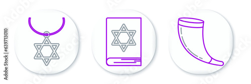 Set line Traditional ram horn, shofar, Star David necklace chain and Jewish torah book icon. Vector
