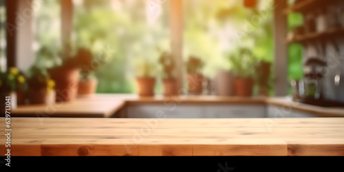 Wooden table with out-of-focus modern kitchen background
