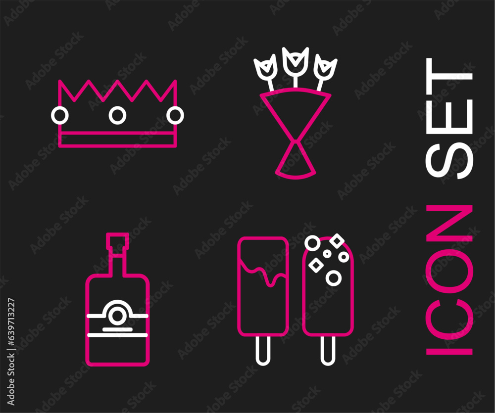Set line Ice cream, Whiskey bottle, Bouquet of flowers and Crown icon. Vector Set line Ice cream, Whiskey bottle, Bouquet of flowers and Crown icon. Vector