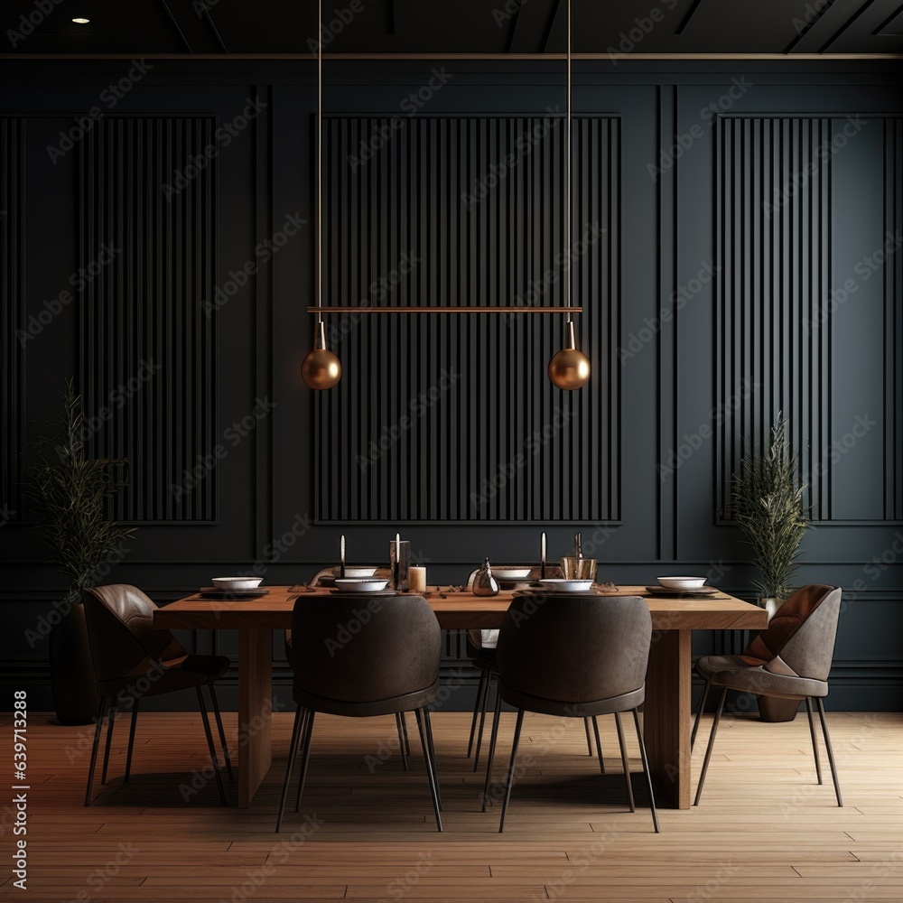 Interior of modern dining room, dining table and wooden chairs against black panelling wall. Home design Interior of modern dining room, dining table and wooden chairs against black panelling wall. Home design