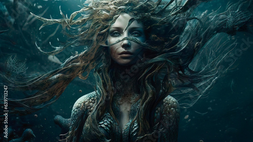 Beautiful mermaid siren undine of the sea with long curly hair. The mermaid swimming underwater in the deep blue sea. Fantasy woman real mermaid. Myth mystic magic fairy tale concept.