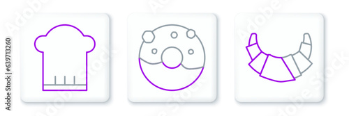 Set line Croissant, Chef hat and Donut with sweet glaze icon. Vector