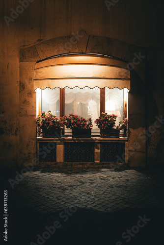 Photography Awning and Window Baskets of high-end restaurant/hotel in Rome, Italy at night