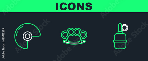 Set line Hand grenade, Military helmet and Brass knuckles icon. Vector