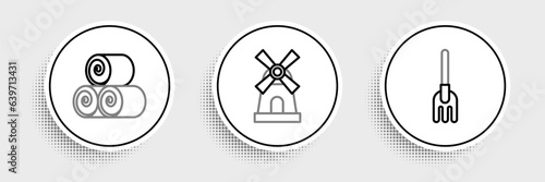 Set line Garden rake, Roll of hay and Windmill icon. Vector