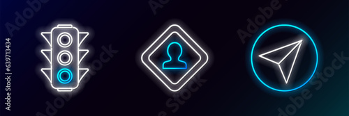 Set line Paper airplane, Traffic light and Road traffic sign icon. Glowing neon. Vector