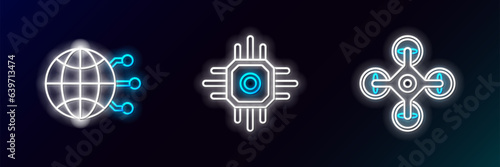 Set line Drone, Global technology or social network and Processor icon. Glowing neon. Vector